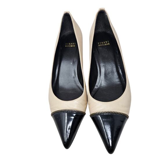 Stuart Weitzman 8 Cream Black Leather Kitten Heel Pump Cap Toe Career Classic - Picture 2 of 5